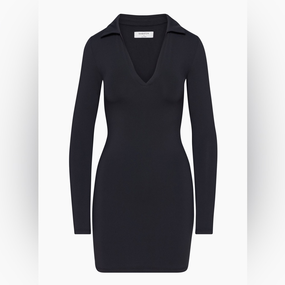 Babaton Long-Sleeve Black V-Neck Polo Dress